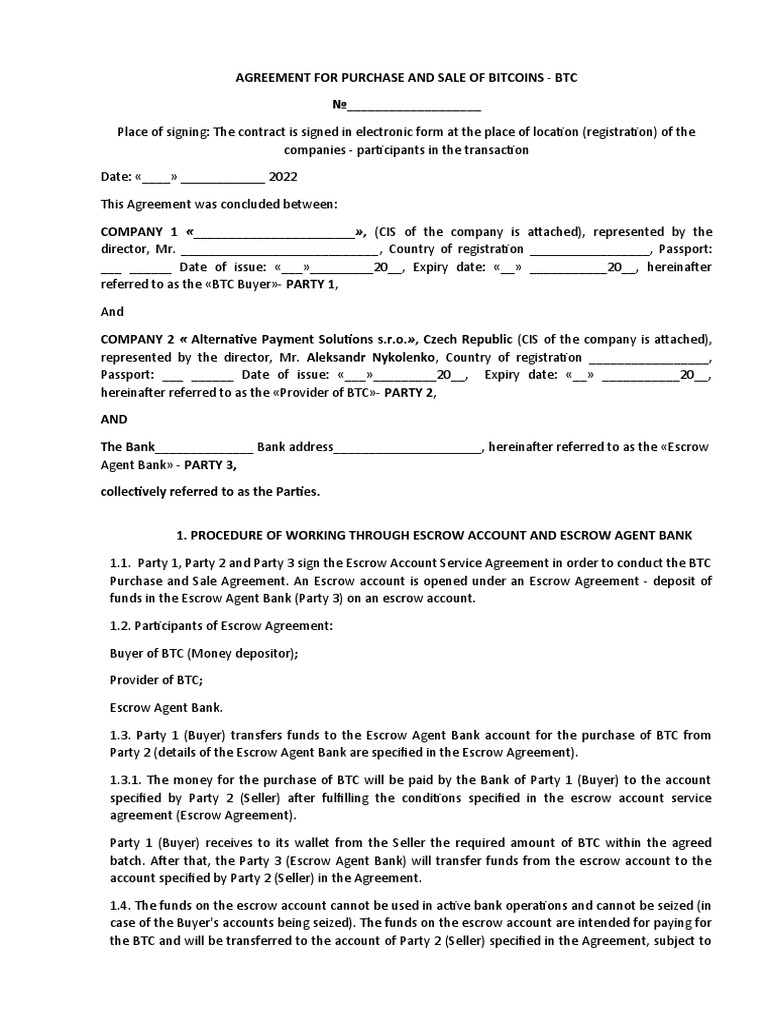 Bitcoin Purchase and Escrow Agreement | PDF | Bitcoin | Breach Of Contract