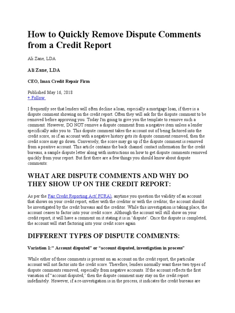 How To Quickly Remove Dispute Comments From A Credit Report | PDF ...