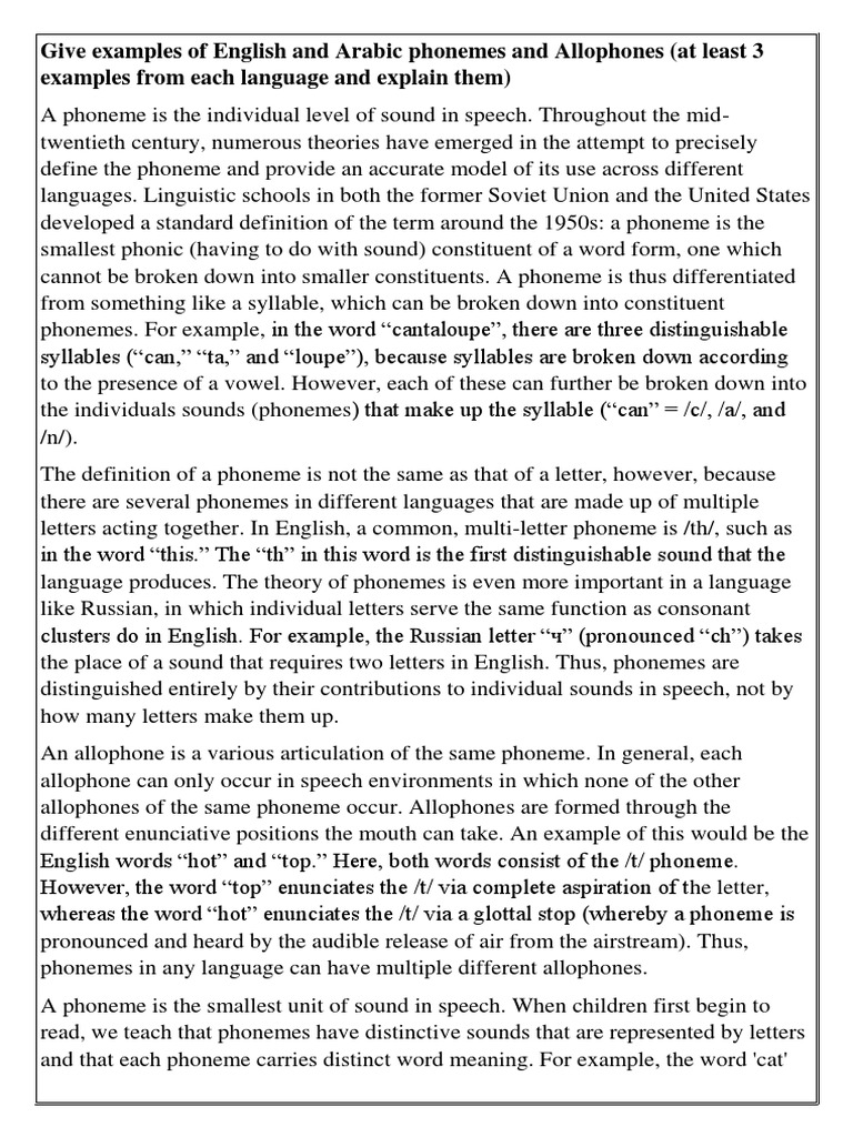 English and Arabic Phonemes and Allophones PDF Arabic Phoneme