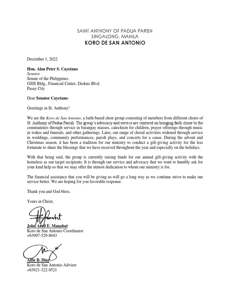 Solicitation Letter For Senator Alan Cayetano PDF
