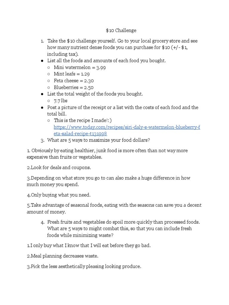 $10 Challenge: Healthy Food Choices | PDF