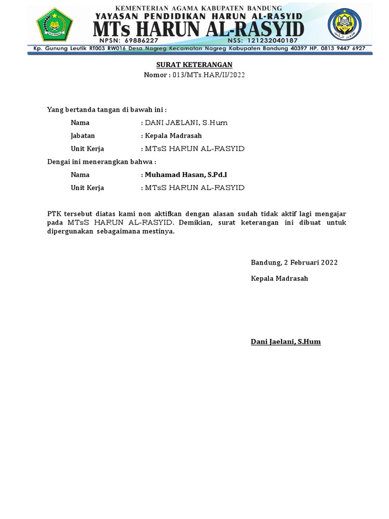 Surat Keterangan Non Aktif PTK 1docx | PDF