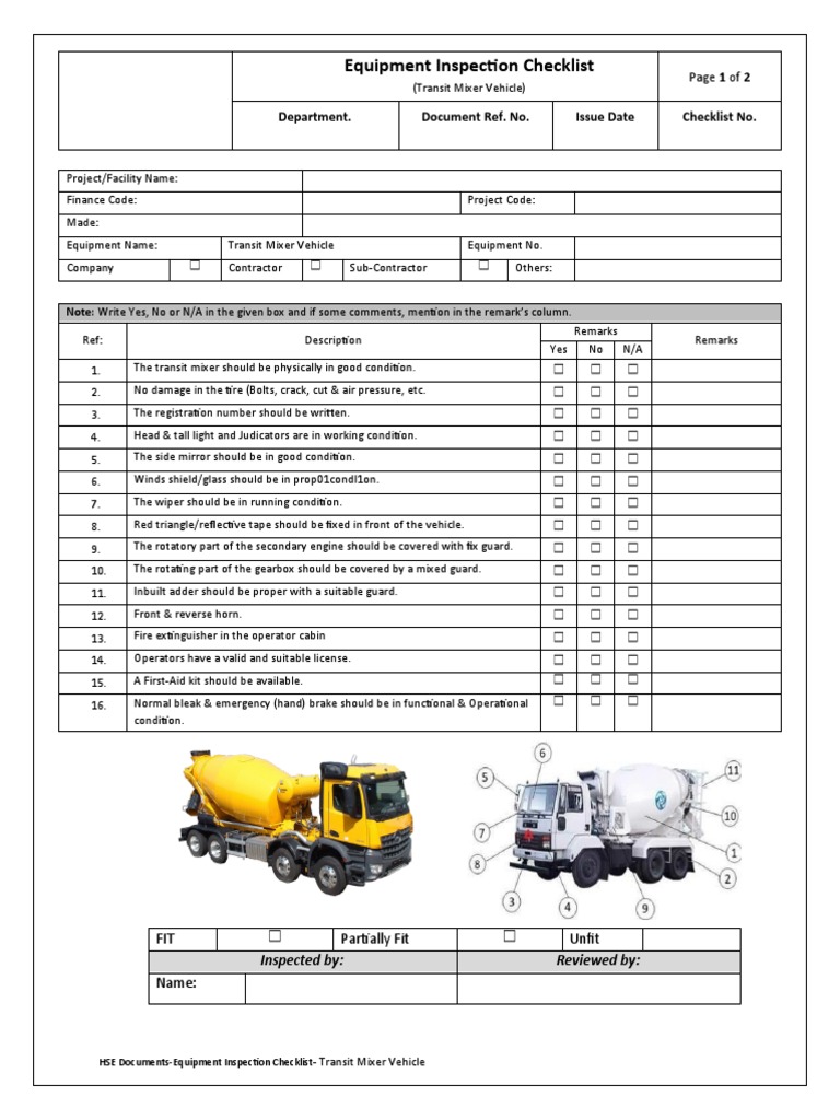 Transit Mixer Inspection Checklist PDF Vehicles Automotive Industry