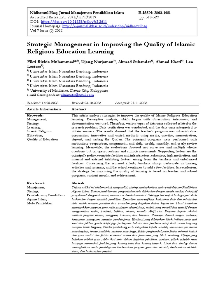 Journal of Islamic Education Management | PDF | Teachers | Learning