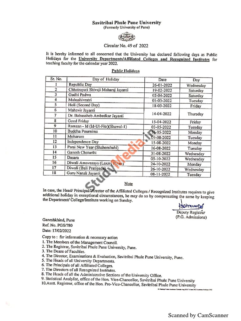 SPPU Holiday List English 20212022 PDF