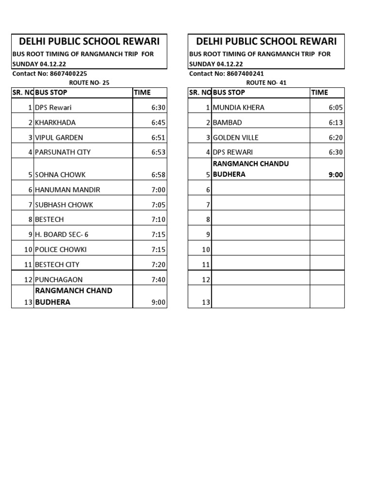 Bus route schedules and contact details for delhi public school rewari