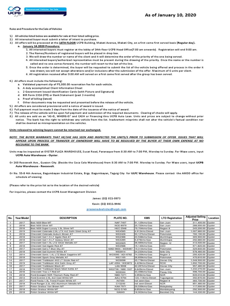 UCPB Repossessed Vehicles 20200107 PDF Cars Of Japan Motor Vehicle