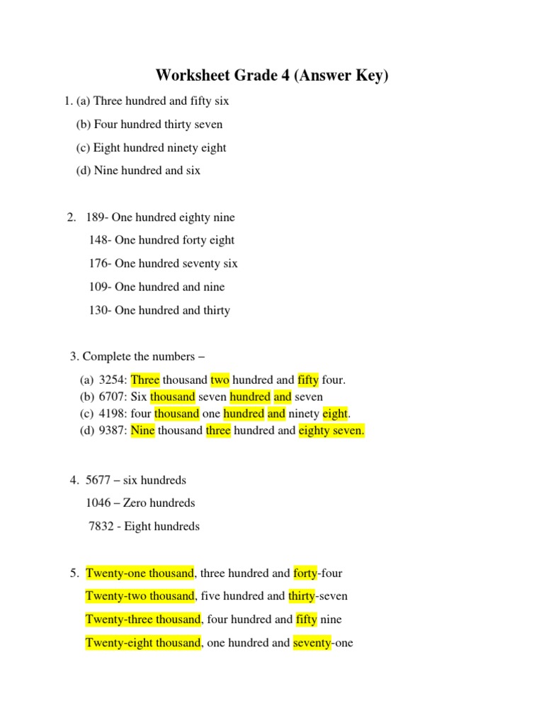 Grade 4 - Maths Answer Key | PDF