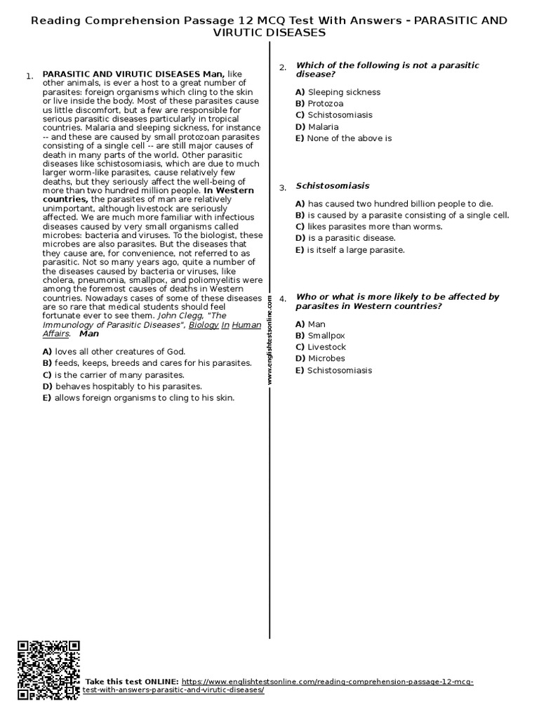 582 reading comprehension passage 12 mcq test with answers parasitic