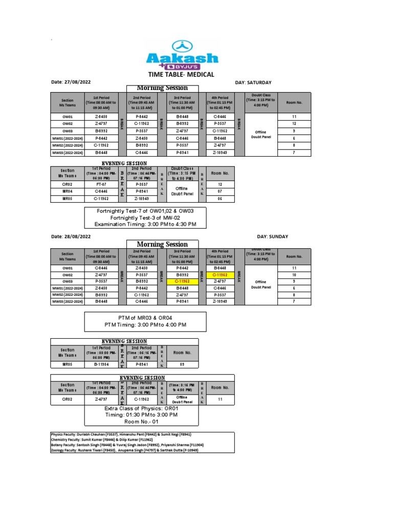 Medical - Time Table - 27.08.2022 | PDF