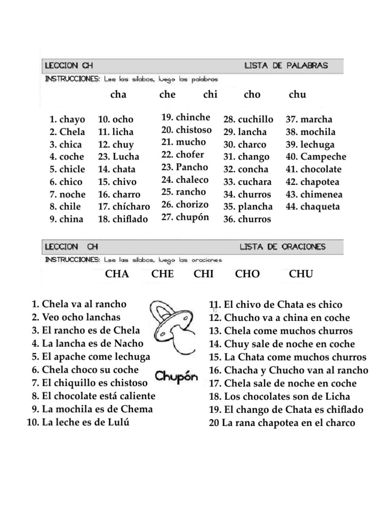 Palabras y oraciones con cha, che, chi, cho, chu | PDF