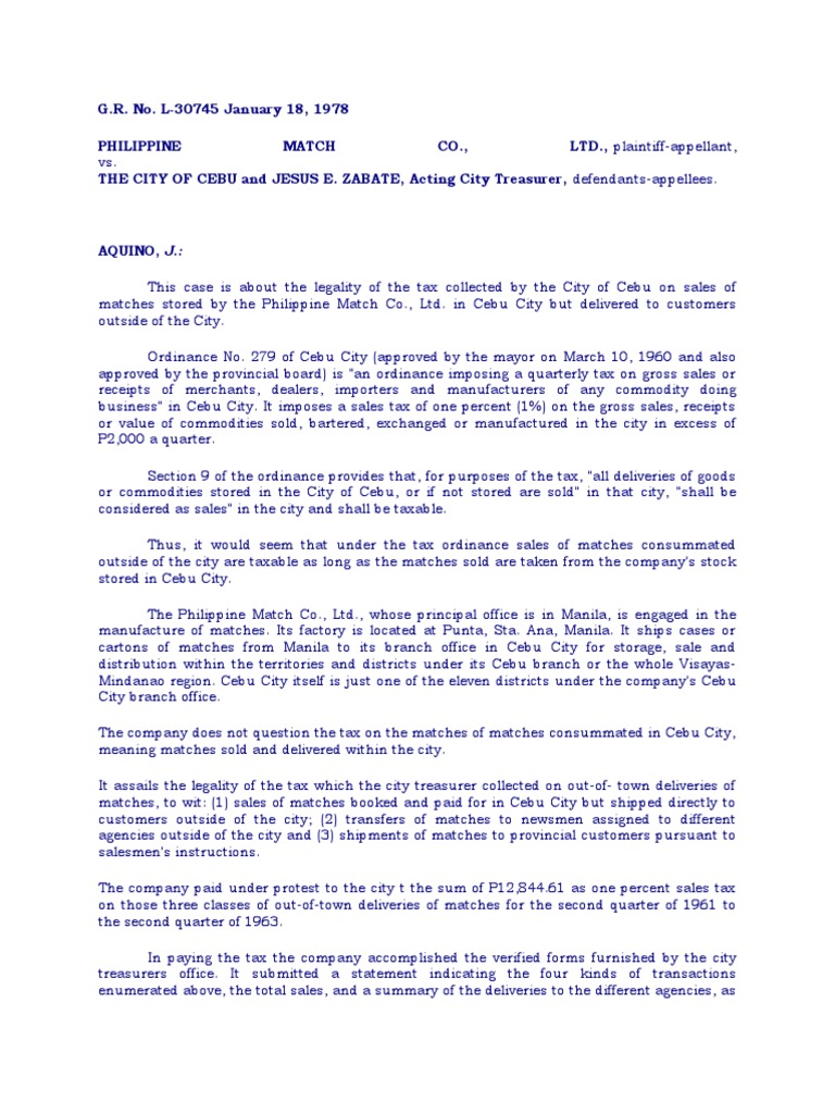 Philippine Match Co. Vs City of Cebu PDF Taxes Damages