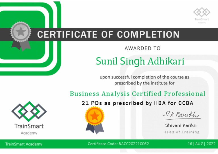 Business Analyst Certificate Completion PDF