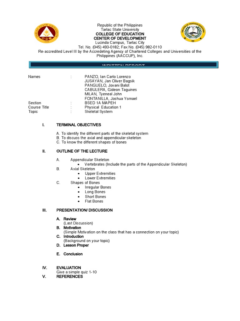 Skeletal System Overview for PE 1 | PDF