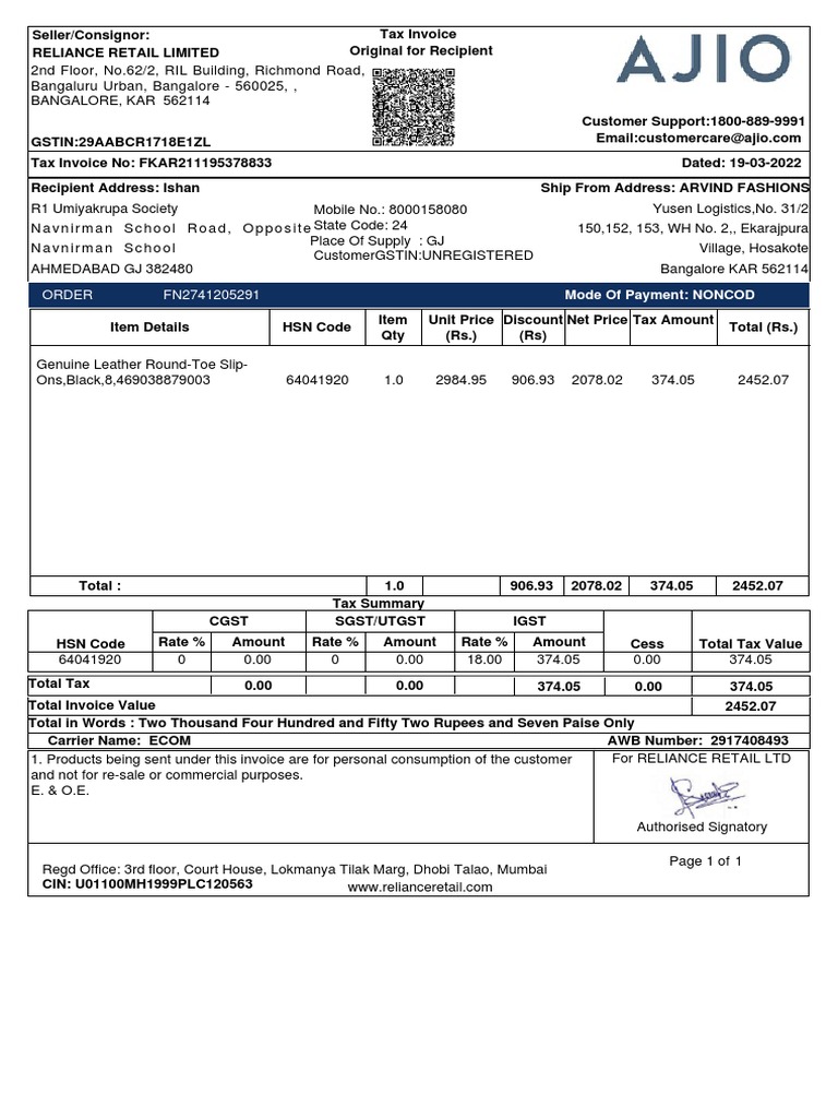Ajio FN2741205291 1653385914328 | PDF | Invoice | Market (Economics)
