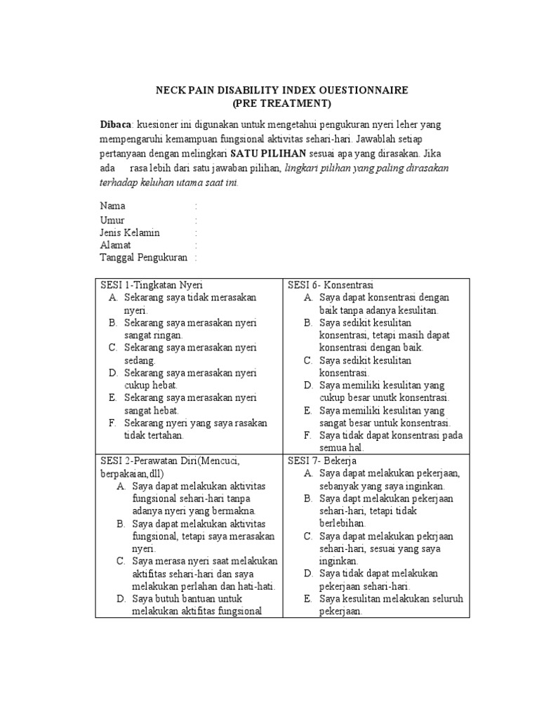 Neck Disability Index | PDF