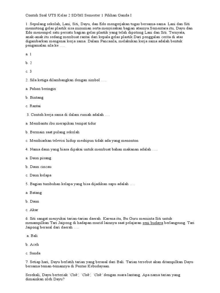Soal uts kelas 2 sd semester 2 pdf