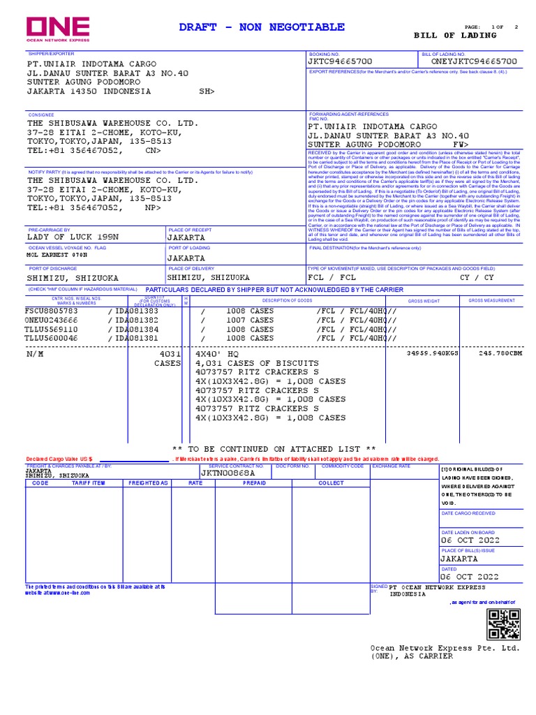 ONEYJKTC94665700 Draft 20221003171223 | PDF | Bill Of Lading | Cargo