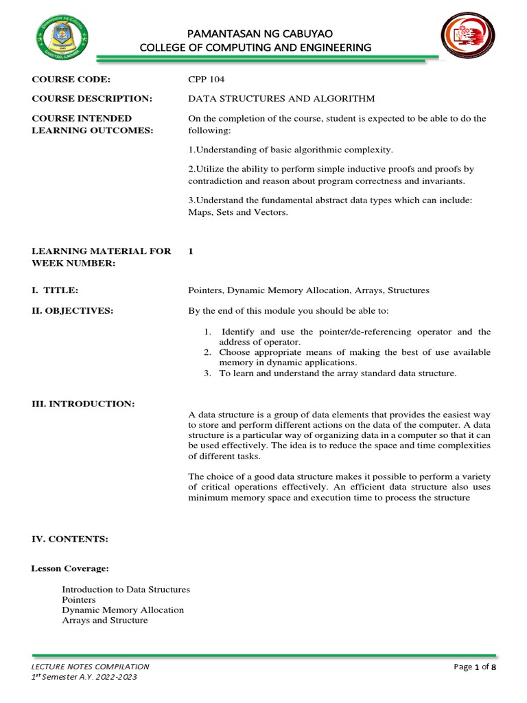 Data Structures and Algorithms An Introduction to Pointers, Dynamic