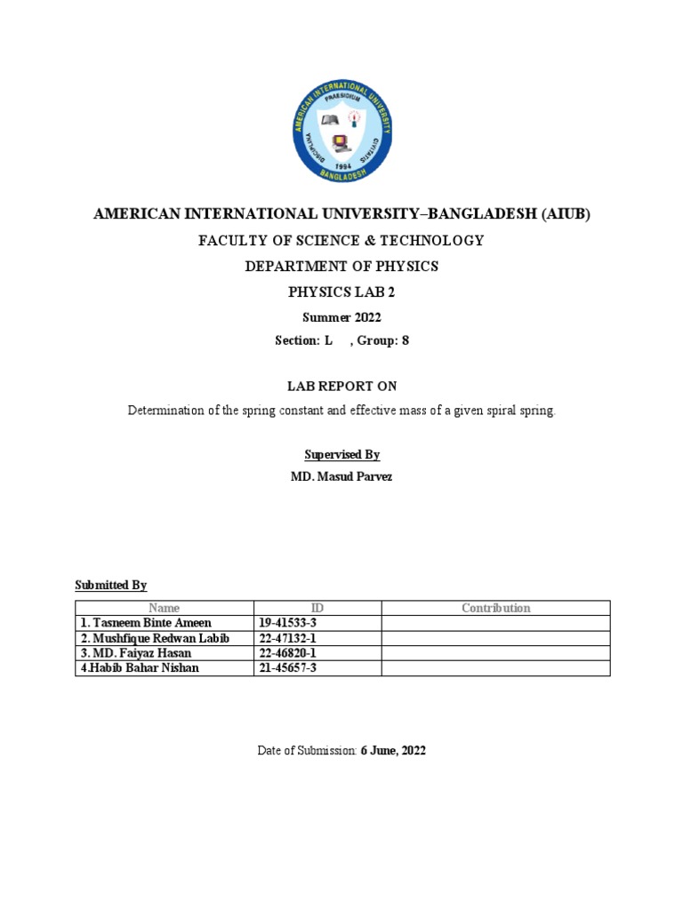 Determining Spring Constant and Effective Mass PDF Energy
