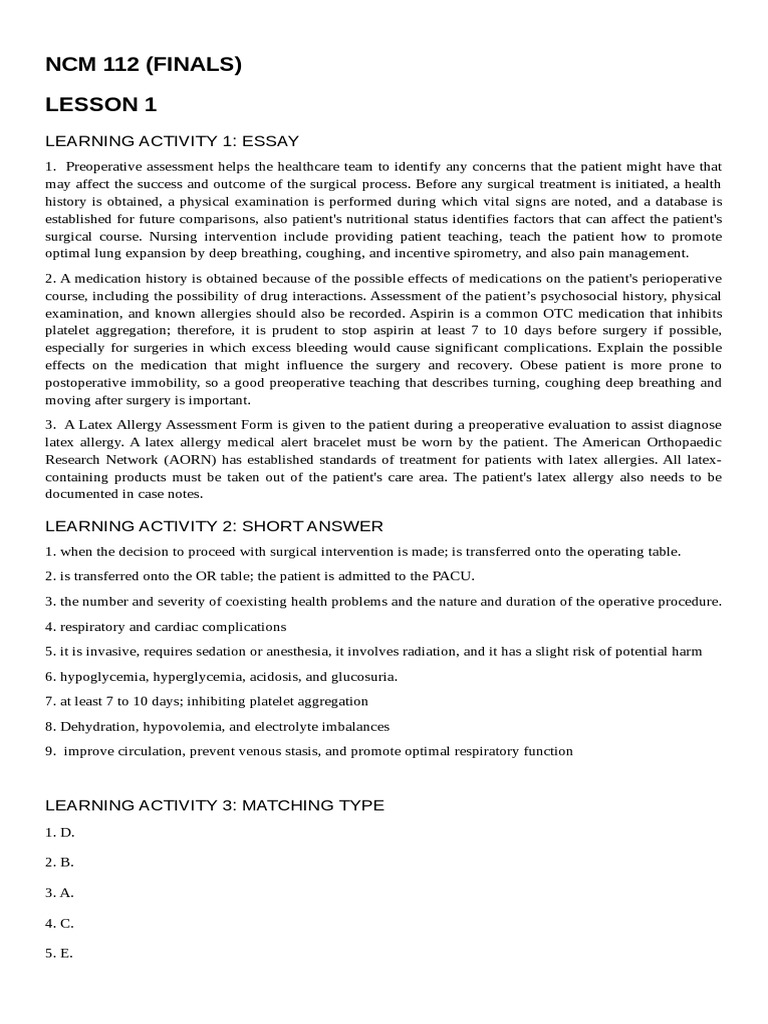 NCM 112 (FINALS) Chap 1 | PDF | Surgery | Patient