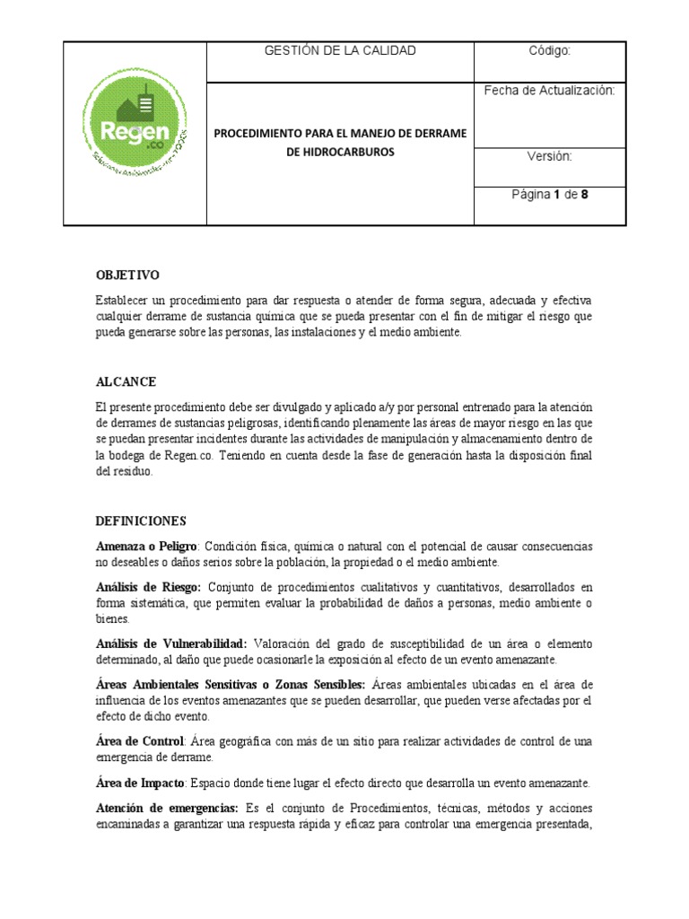 Procedimiento para El Manejo de Derrame de Hidrocarburos | PDF