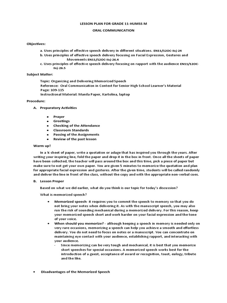 Lesson Plan For Grade 11 | PDF