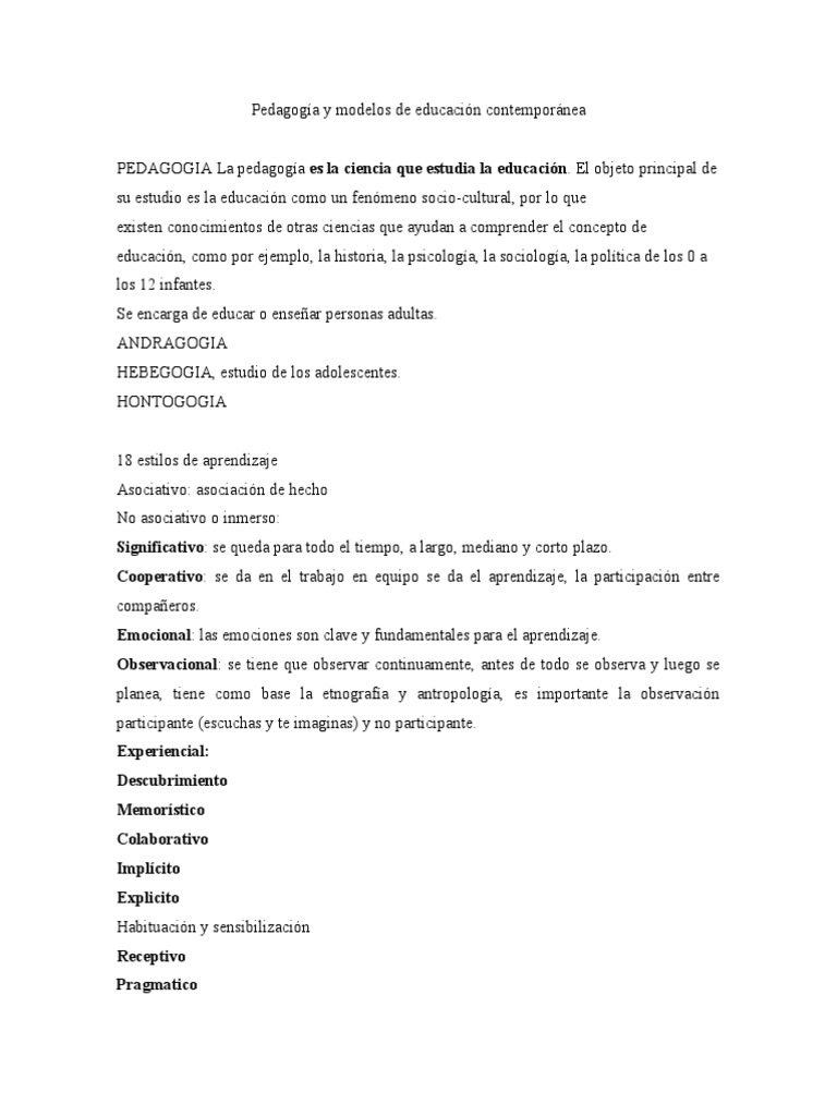 Pedagogía y modelos educativos actuales | PDF | Pedagogía | Plan de ...