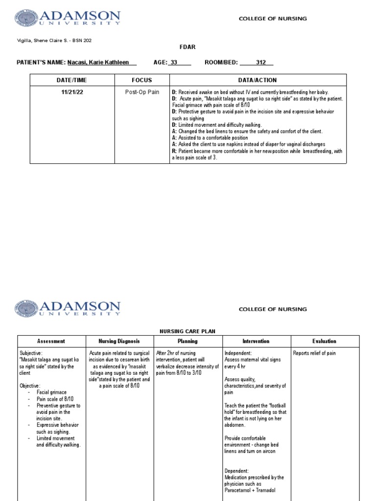 Ob ward fdar cp pdf pain nursing