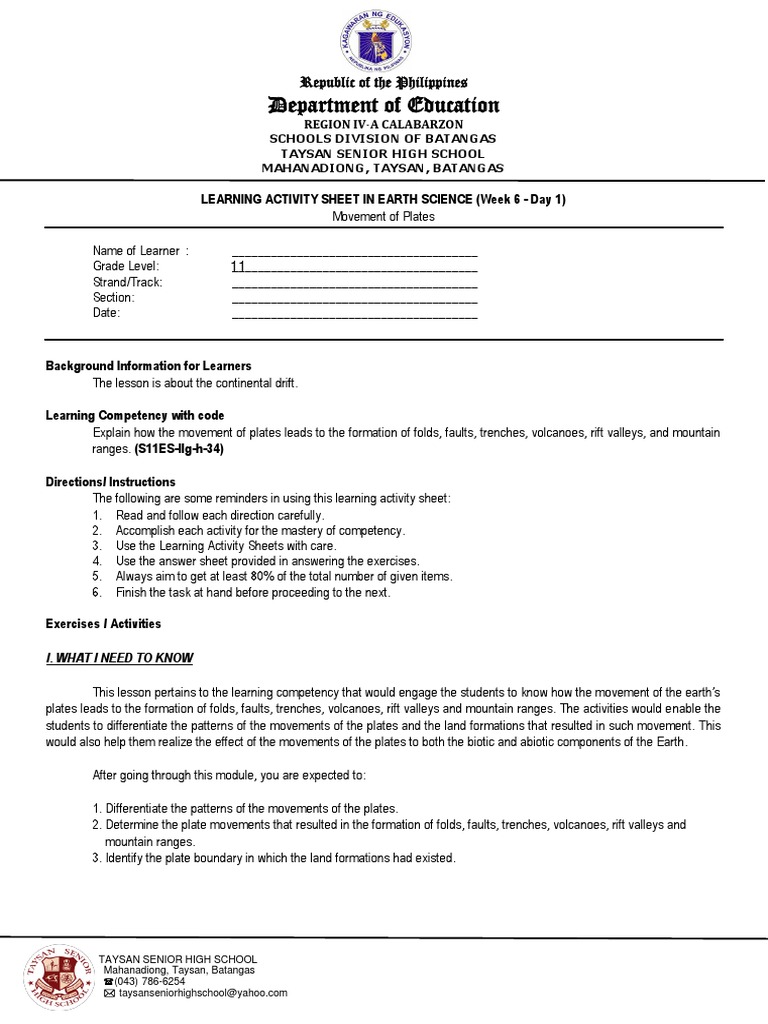 Las In Earth Science 8 Pdf Plate Tectonics Applied And