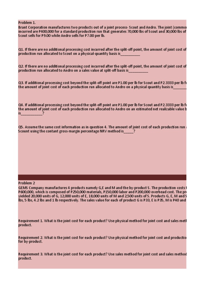 Joint Cost Problem Pdf