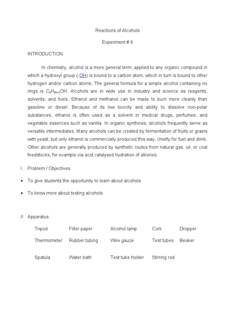 Experiment #6 - Reactions of Alcohols | PDF | Ethanol | Alcohol