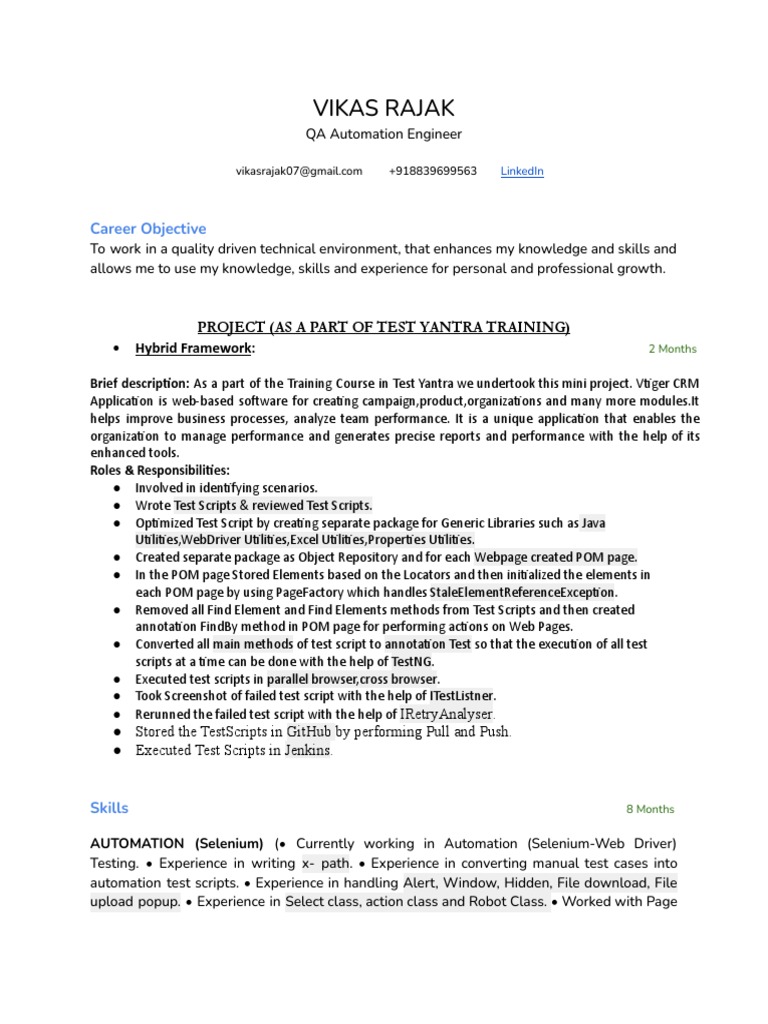 Vikas Rajak: QA Automation Engineer Resume | PDF | Sql | Software Testing