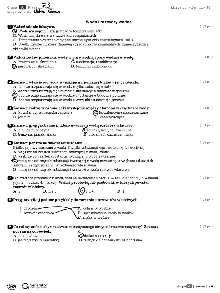 Woda I Roztwory Wodne Test Odpowiedzi Edited - Test Woda I Roztwory Wodne | PDF
