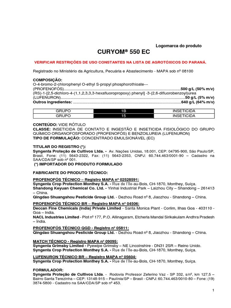 Inseticida Curyom 550 EC: Bula e Uso | PDF | Inseticida | Biotransformação