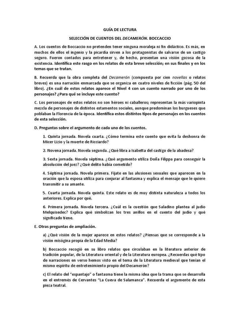 Guía de lectura cuentos Decamerón PDF El decameron Cuentos