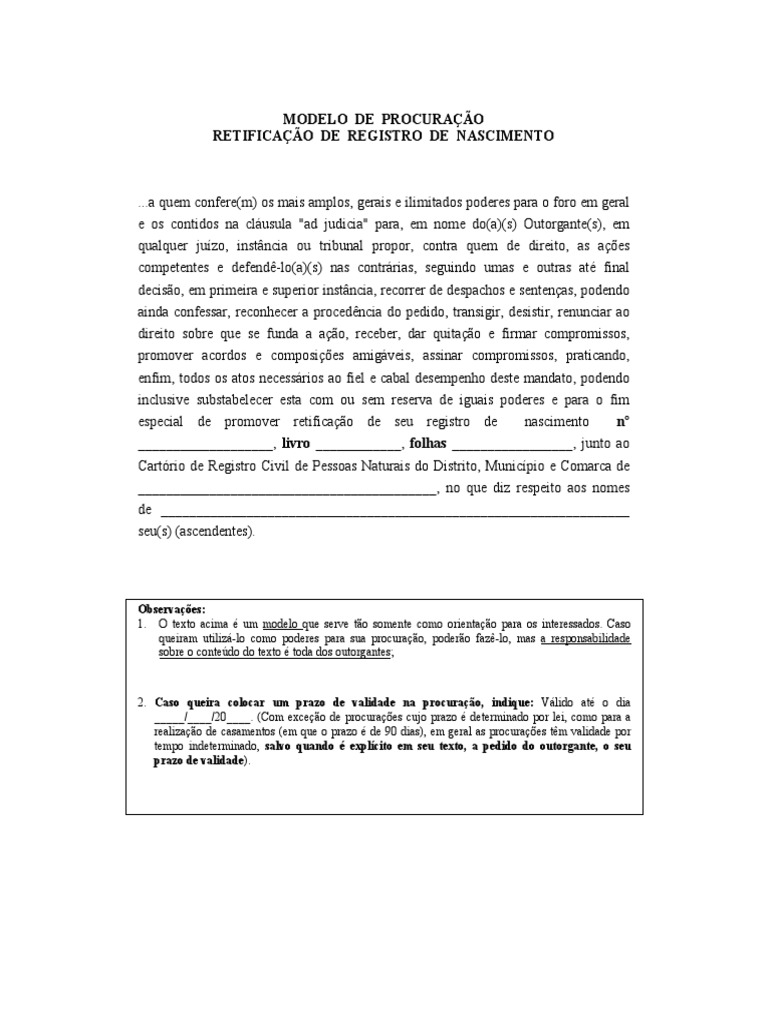 Procuração para Retificação de Nascimento | PDF