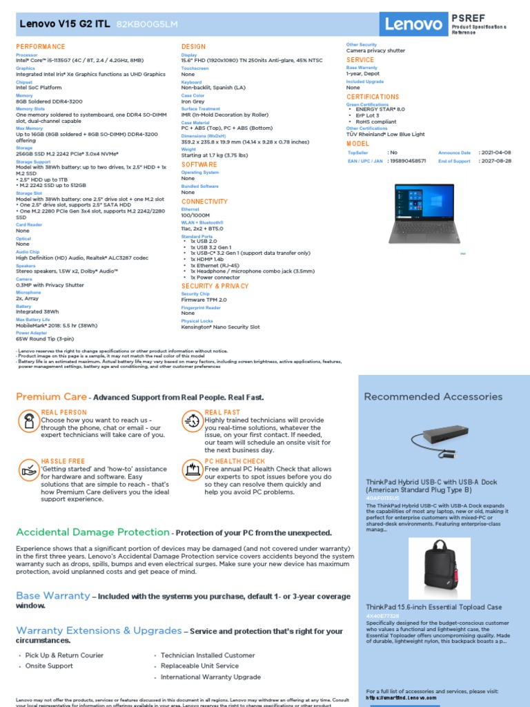 Lenovo V15 G2 ITL 82KB00G5LM | PDF | Usb | Computer Science