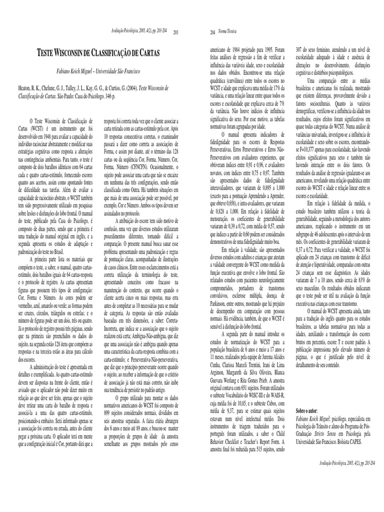 Teste Wisconsin: Classificação e Normatização | PDF | Psicologia ...