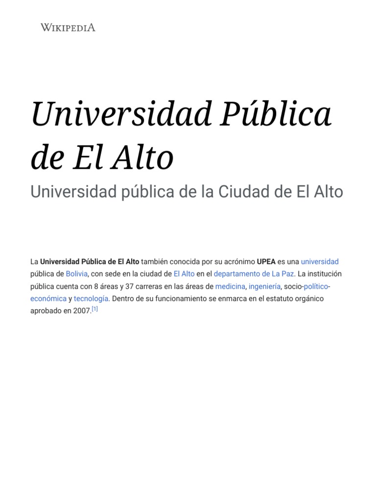Universidad Pública de El Alto Wikipedia, La Enciclopedia Libre PDF