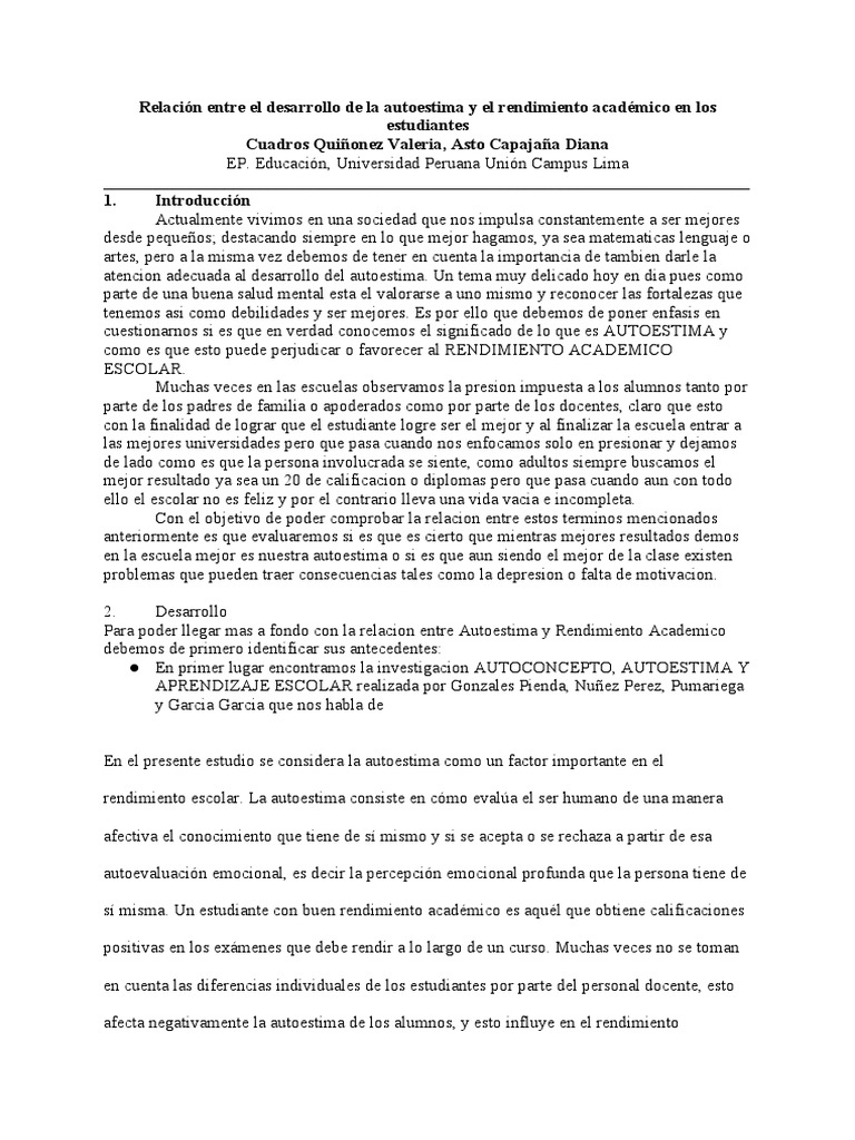 Autoestima y rendimiento académico en estudiantes | PDF | Autoestima ...
