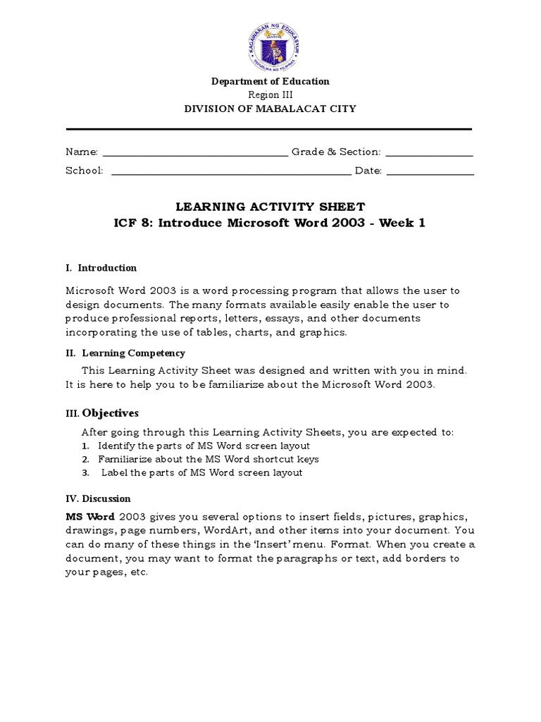 An introduction to microsoft word 2003 screen layout shortcut keys
