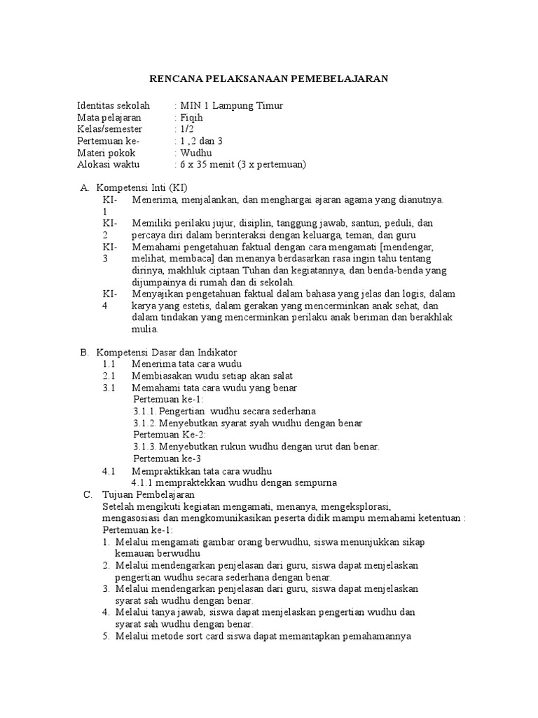 RPP Fiqih Kelas 1: Wudhu Semester 2 | PDF | Karier & Perkembangan ...