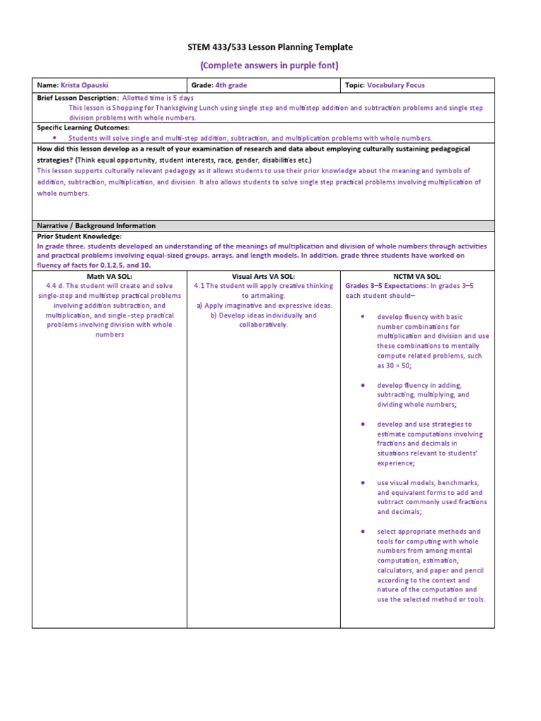 4th Grade Thanksgiving Math Lesson | PDF | Learning | Cognition