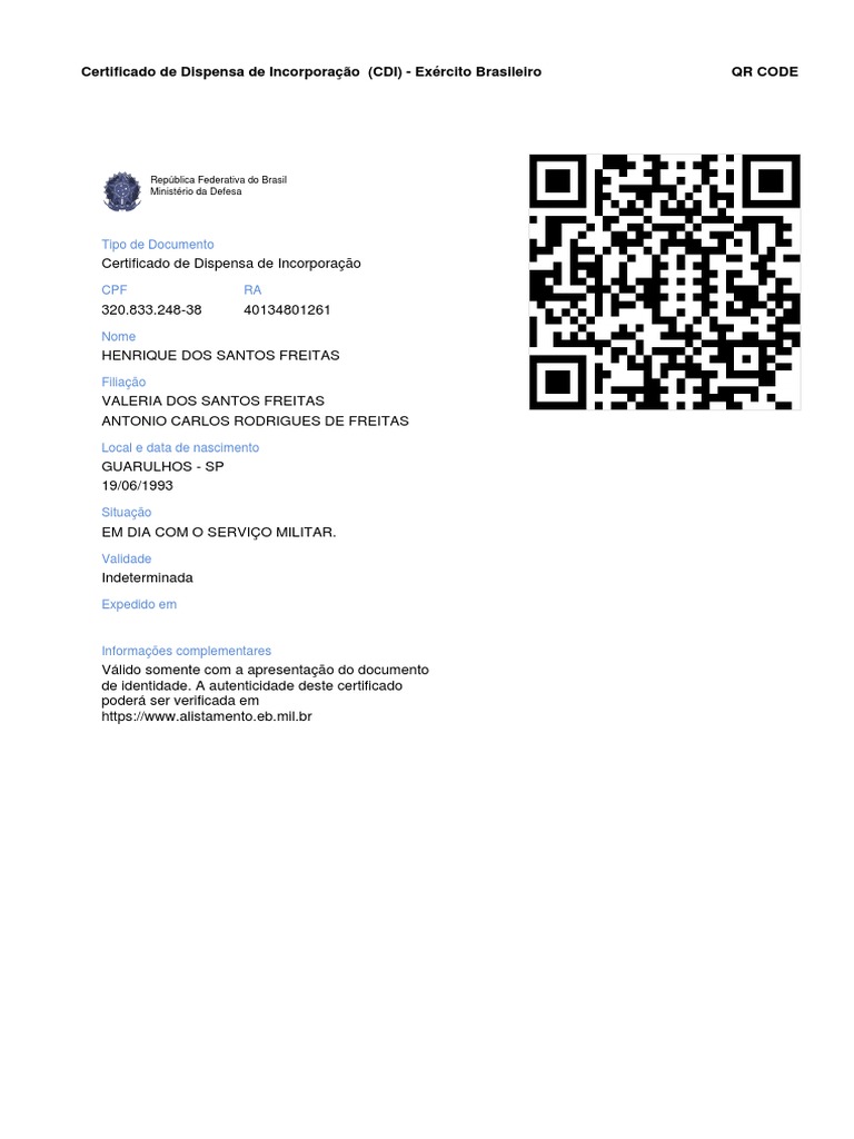 Certificado de Dispensa de Incorporação (CDI) - Exército Brasileiro QR ...