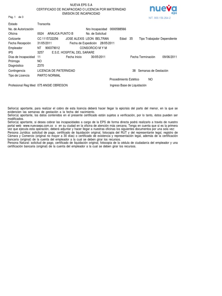 Certificado de Incapacidad Nueva EPS 2024 | PDF