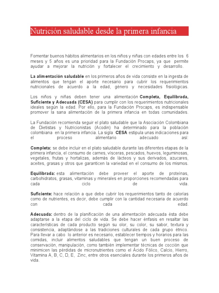 Nutrición Saludable en la Primera Infancia | PDF | Nutrición | Dieta y ...