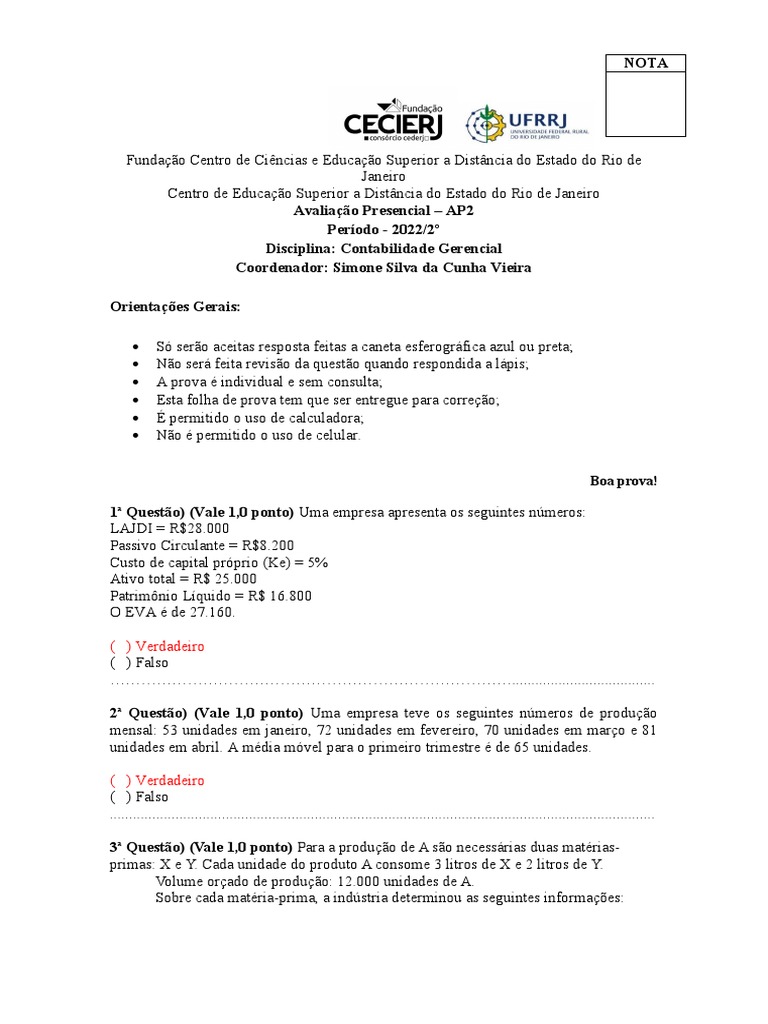 CEDERJ Contabilidade Gerencial AP2 GABARITO 2022 2 | PDF | Custo de ...