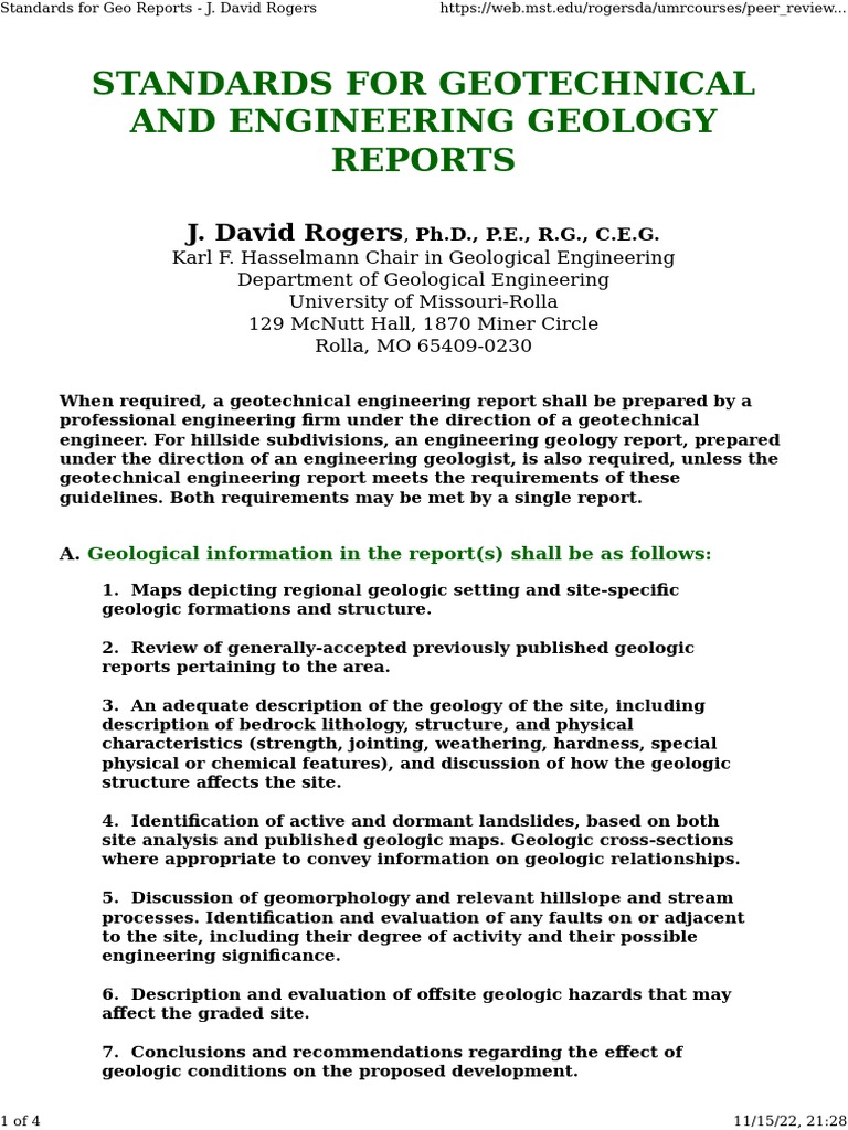 Geotechnical Report Standards by J. Rogers | PDF | Geology | Landslide
