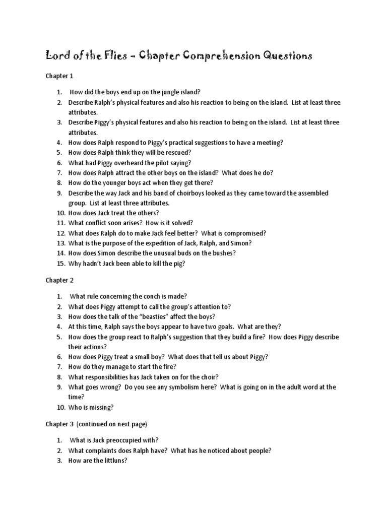 Lord of The Flies Chapter Comprehension Questions PDF